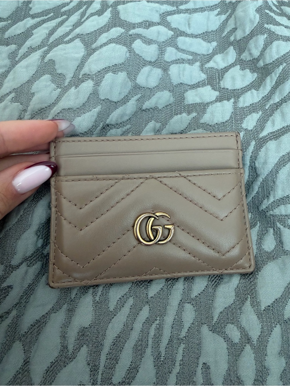 Authentic Gucci Taupe Quilted Leather Card Case with Gold GG